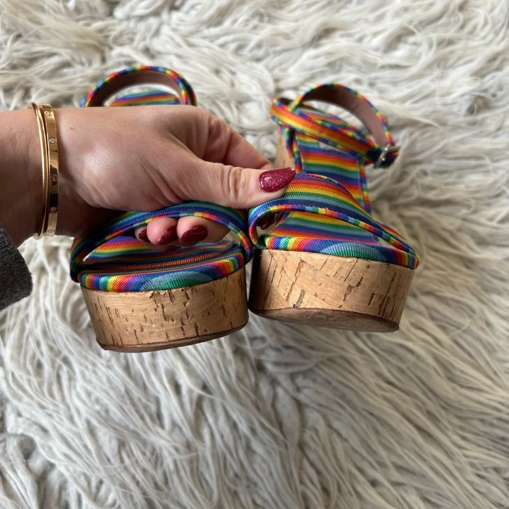 TABITHA SIMMONS Calla Rainbow Silk Ankle Strap Cork Wedge Platform Heel EUC 38.5